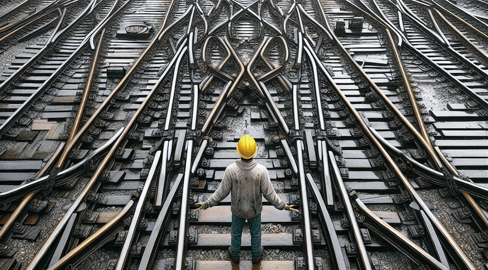 Image of train track junction depicting the possible directions of regulation 5(2)(a) of the Part-time Workers Regulations 2000